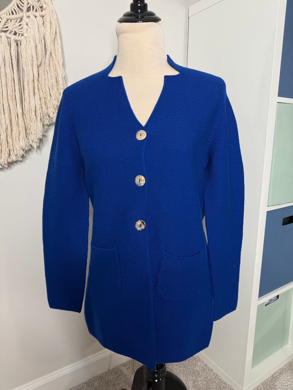 Women's Cobalt Royal Blue Italian 100% Extra Fine Merino Wool Cardigan Sweater S